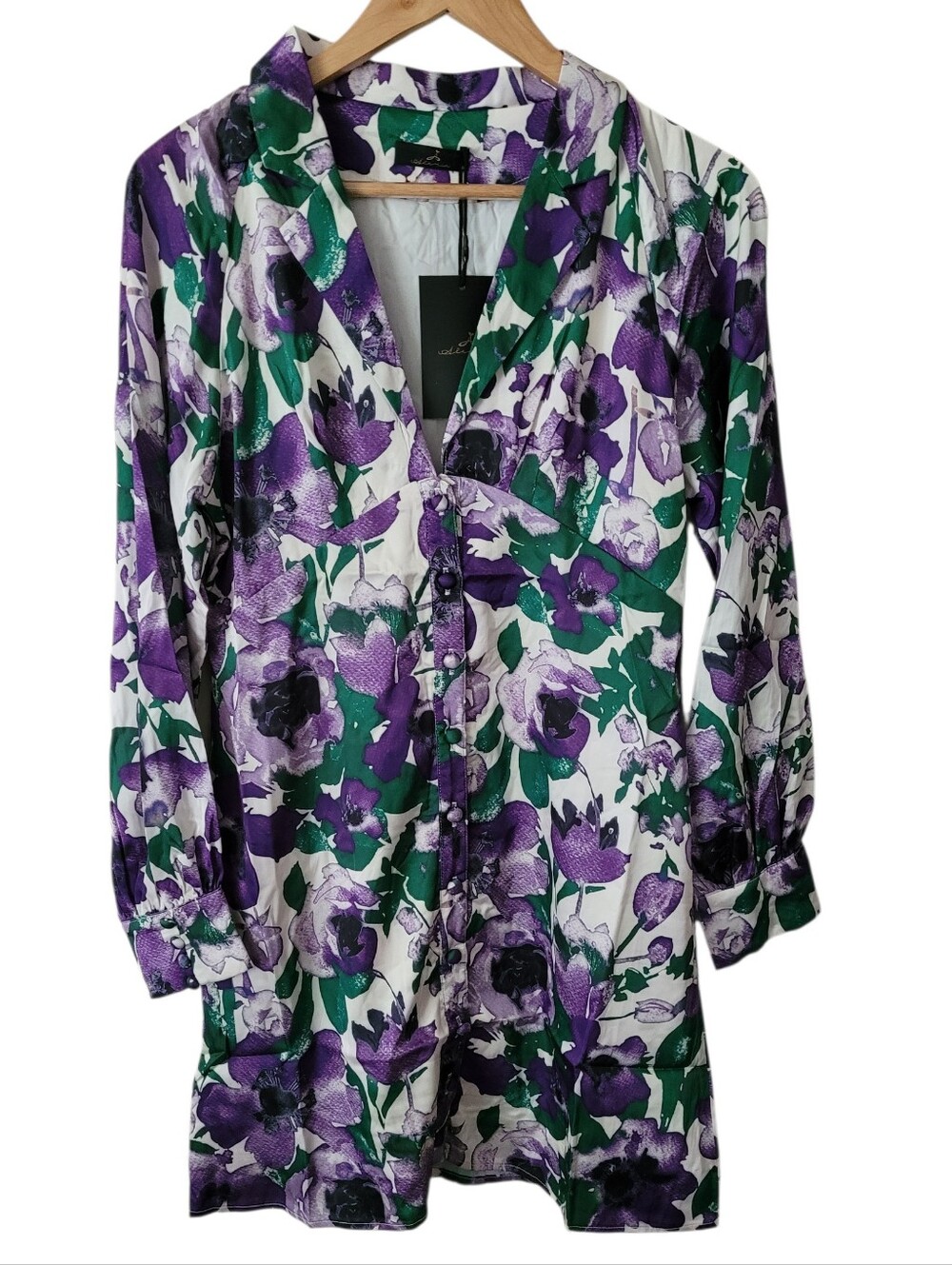 Long Sleeve V-Neck Button Up Floral Print Colored Shirt Dress - Picture 10 of 14